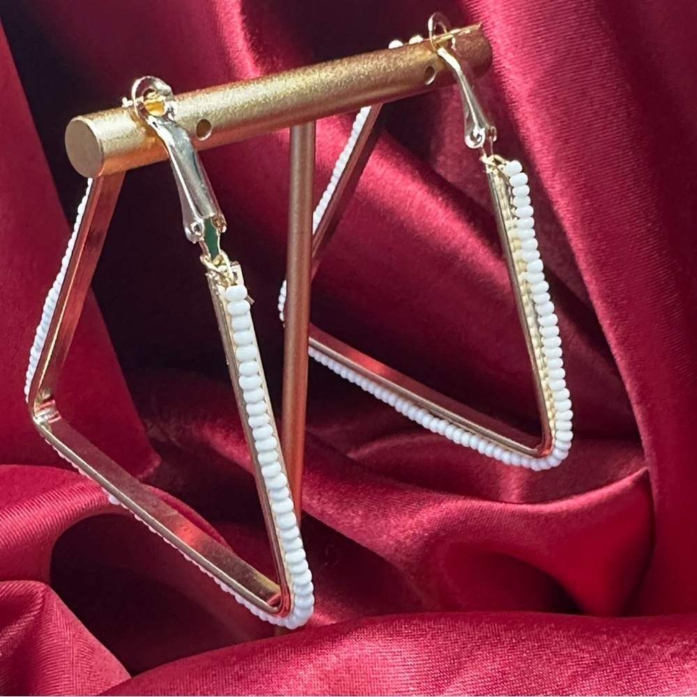 White Beaded Triangle Hoop Earrings | Bold Geometric Statement Jewelry | NWT - Picture 10 of 11